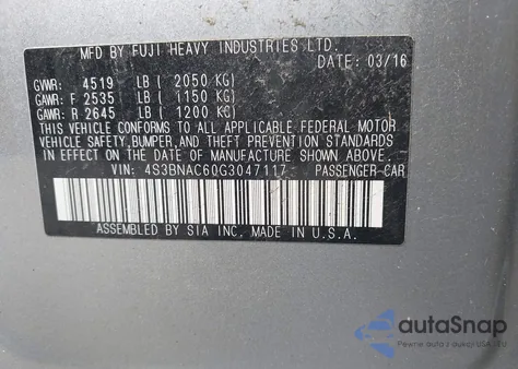 2016 Subaru Legacy 2.5I Premium from USA, damaged, VIN 4S3BNAC60G3047117